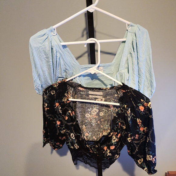 Urban Outfitters Tops - 2 Urban Outfitters.. Light Blue Puff Sleeve & Black Floral Lace Crop Tops